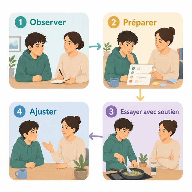 autonomie-progressive-adolescent-autiste Schéma montrant les étapes progressives pour accompagner un adolescent autiste vers l’autonomie