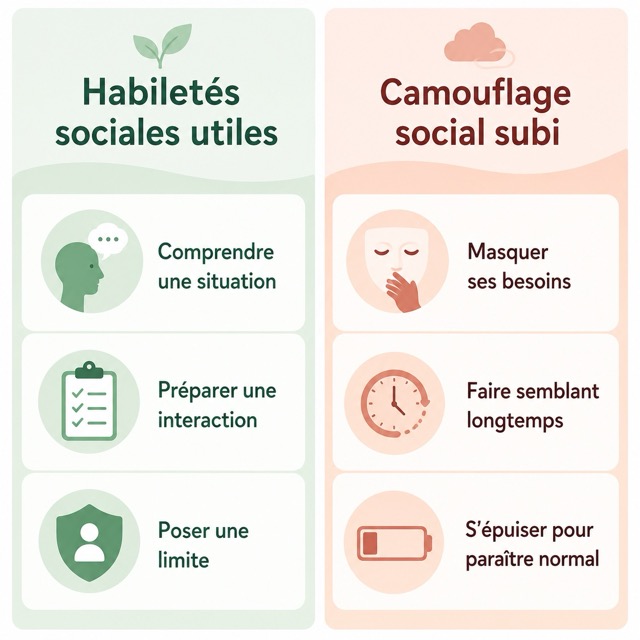 habiletes-sociales-autisme-adulte-camouflage-social Schéma comparant les habiletés sociales utiles et le camouflage social subi chez un adulte autiste