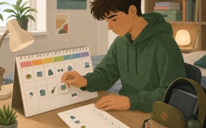 Adolescent autiste préparant son organisation quotidienne avec un calendrier et une liste simple